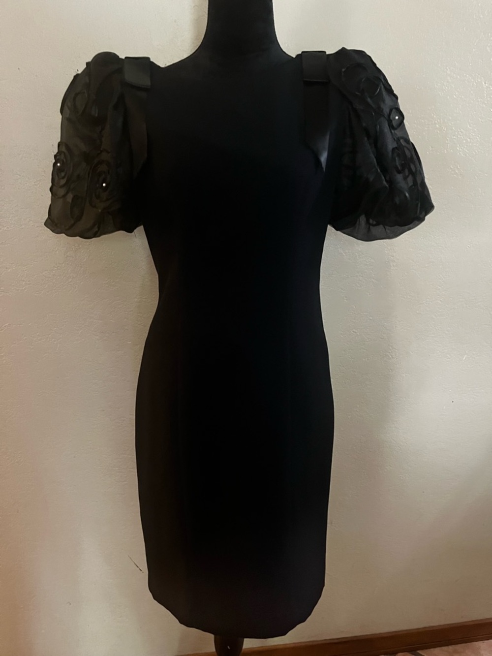 Jessica Howard Black Dress with Sheer Floral Puff Sleeves